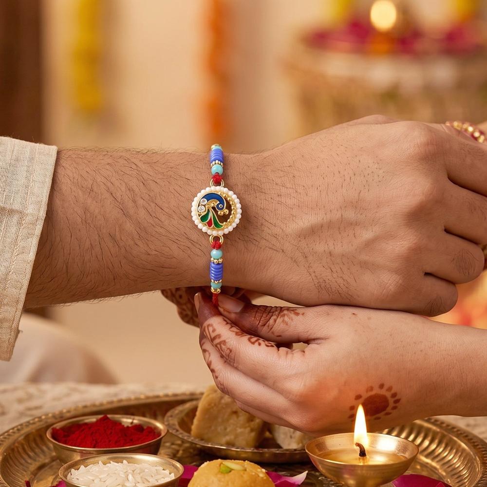 Peacock Pearl Rakhi - Elegant Designer Thread for Rakshabandhan
