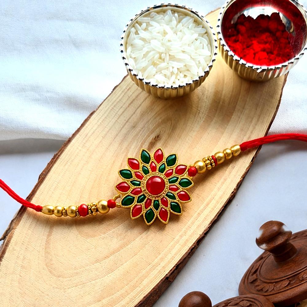 Red & Green Stone Flower Rakhi - Traditional & Elegant Gift - Application: Multipurpose Use