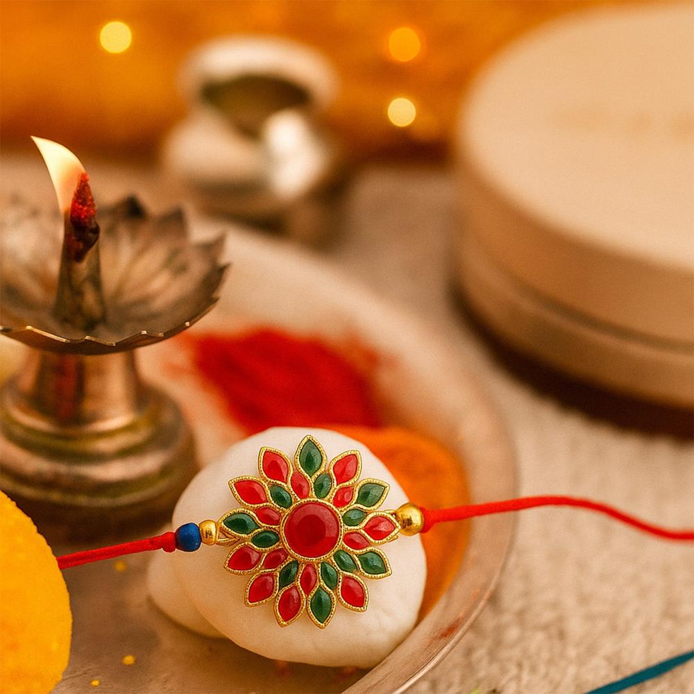 Red & Green Stone Flower Rakhi - Traditional & Elegant Gift