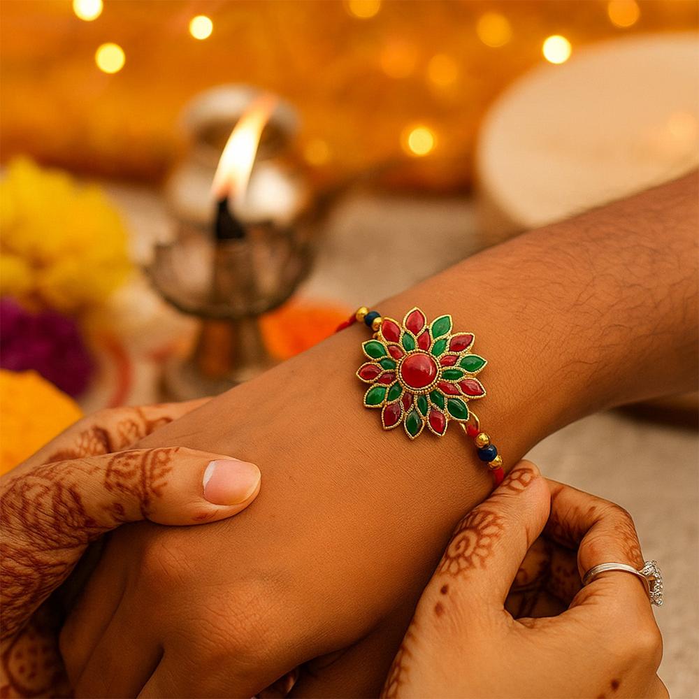Red & Green Stone Flower Rakhi - Traditional & Elegant Gift