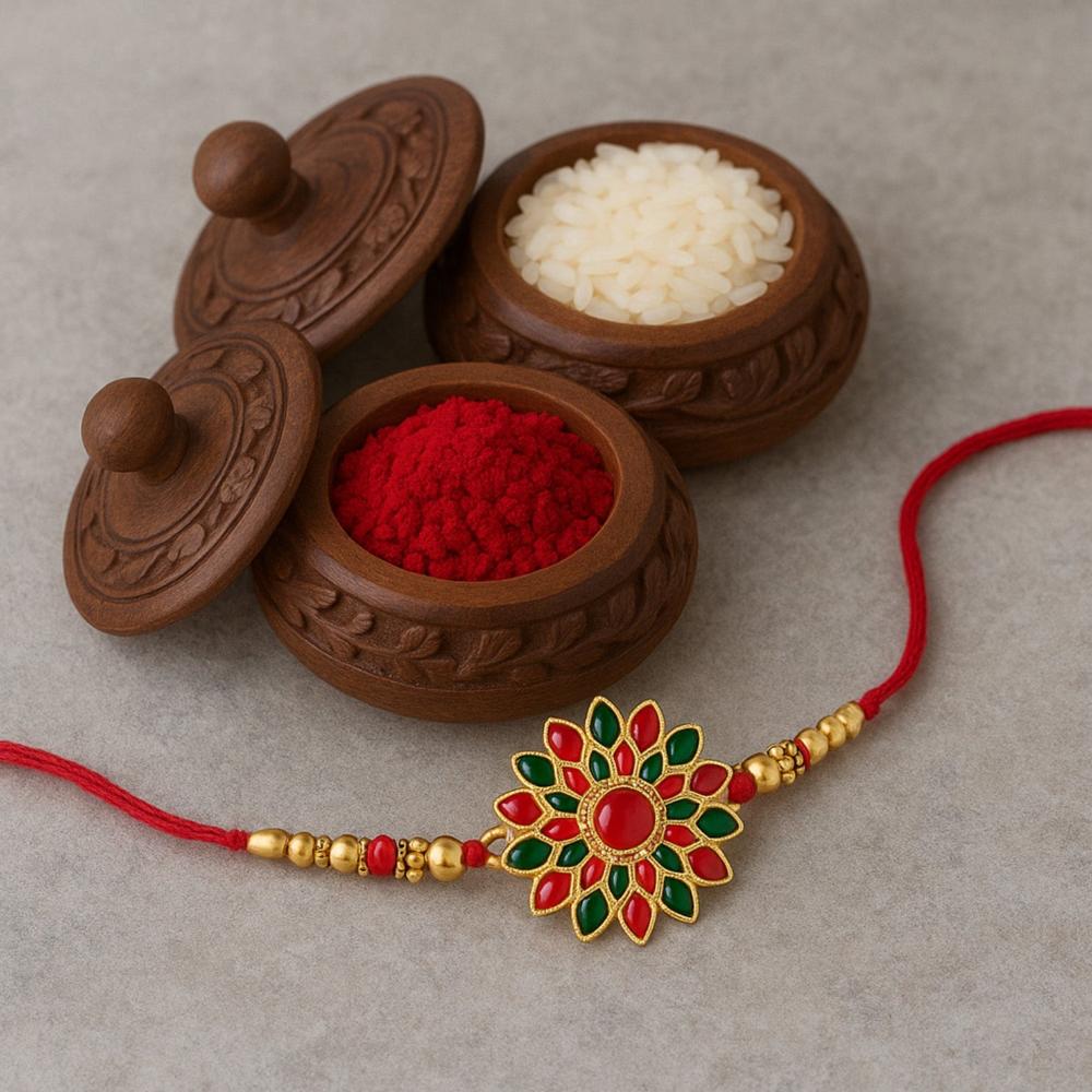 Red & Green Stone Flower Rakhi - Traditional & Elegant Gift