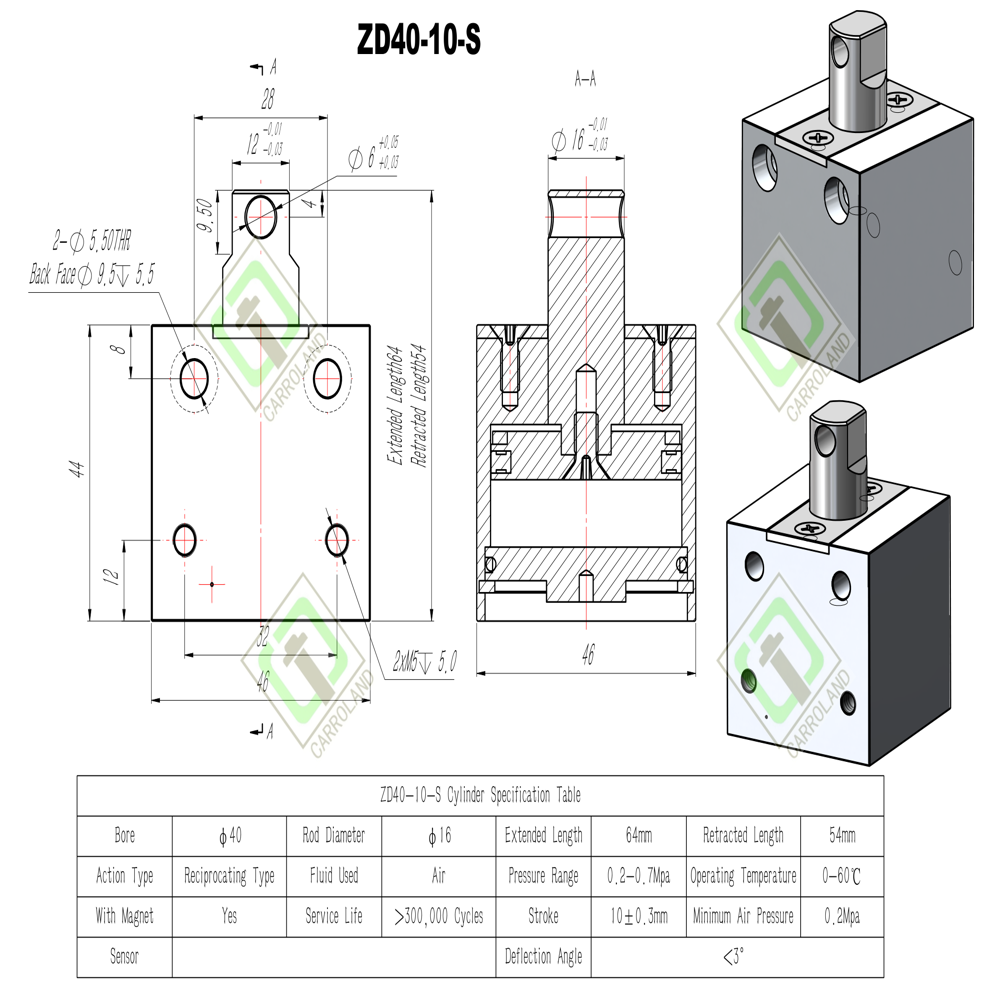 Foxconn-Certified ZD40-10-S Heavy-Duty Compact Cylinder for iPhone Line | 40mm Bore 16mm Rod