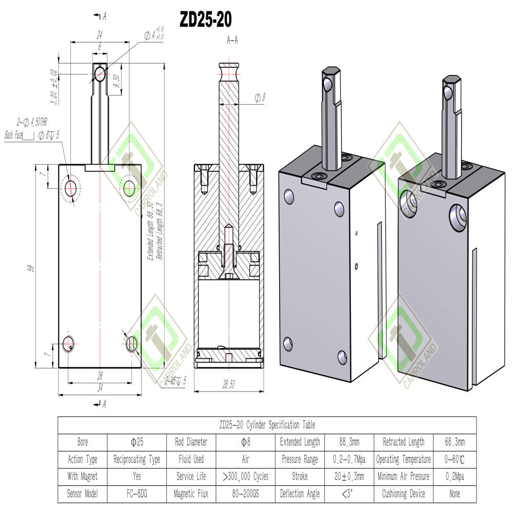 Foxconn-Certified ZD25-20 Long-Stroke Compact Cylinder for iPhone Line | 25mm Bore 20mm Stroke