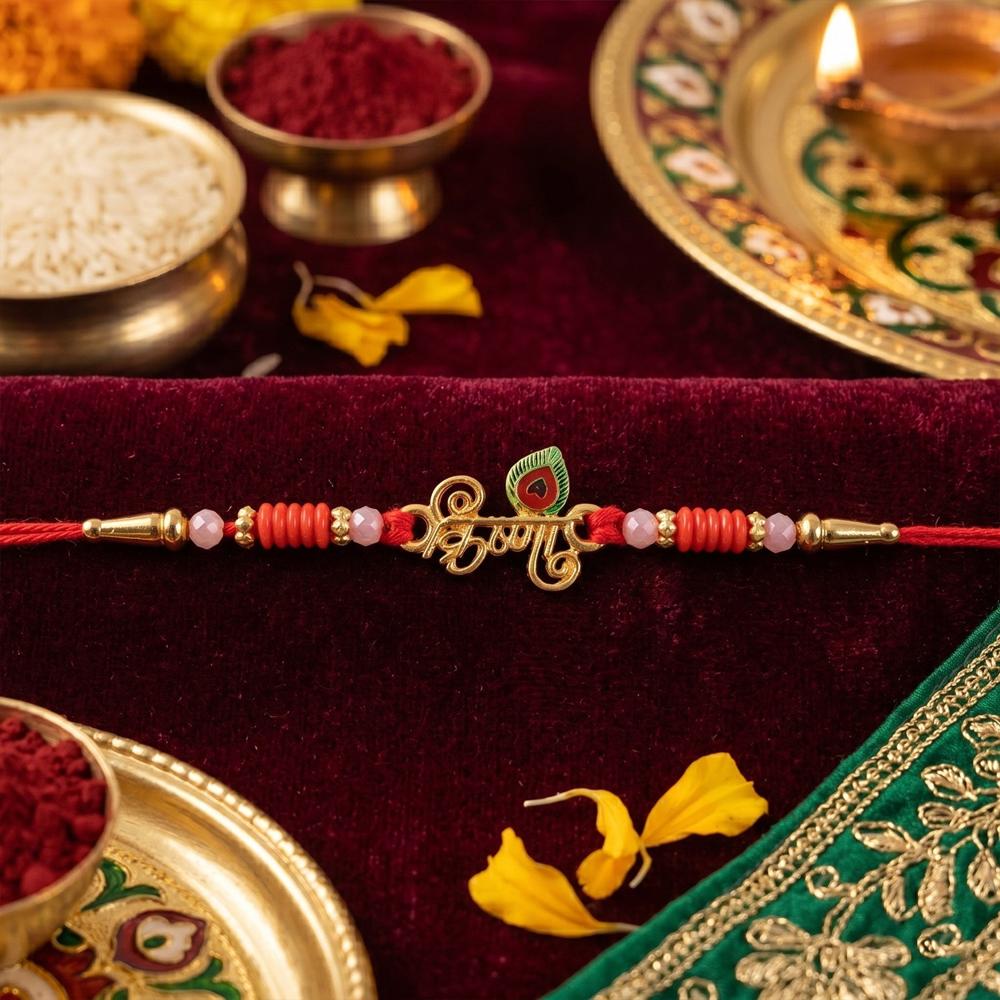 Krishna Naam Devnagari Peacock Feather Rakhi - Traditional Brother Gift