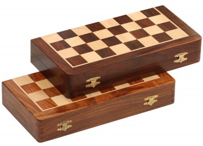 Chess Board - Polished Wooden 12x12 inches, Folding with Brass Hinges and Integrated Storage
