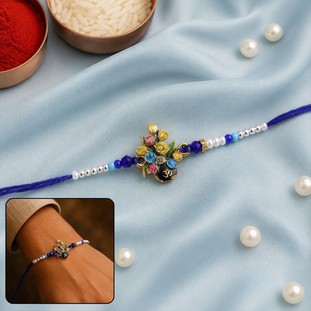 Rakhi - Elegant Om Flower Bouquet Meena Charm With Beads For Raksha Bandhan - Application: Multipurpose Use