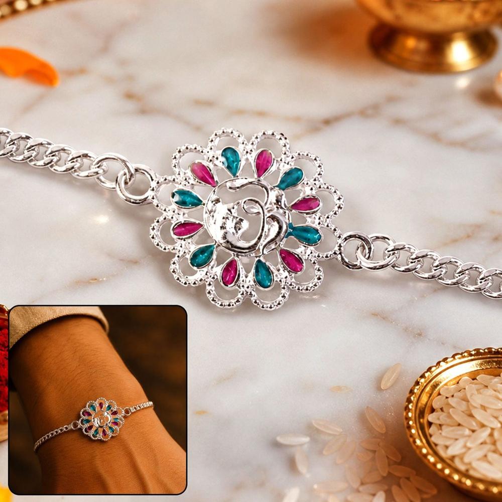 Silver Floral Om Enamel Chain Bracelet - Perfect Rakhi For Brother - Application: Multipurpose Use
