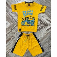 Bright Yellow Lucky Baby Boys Printed T-Shirt And Shorts Set