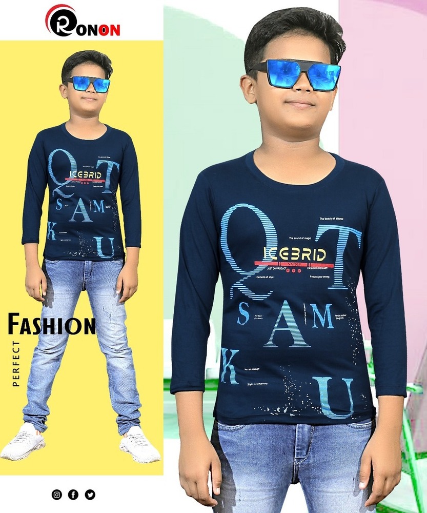 Navy Blue Ron On Boys Full Sleeve Graphic Printed T-Shirt