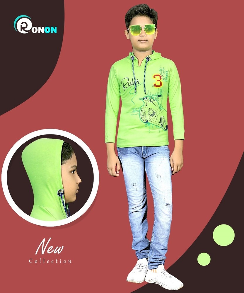 Green - Ron On Boys Hooded Full Sleeve Printed T-Shirt