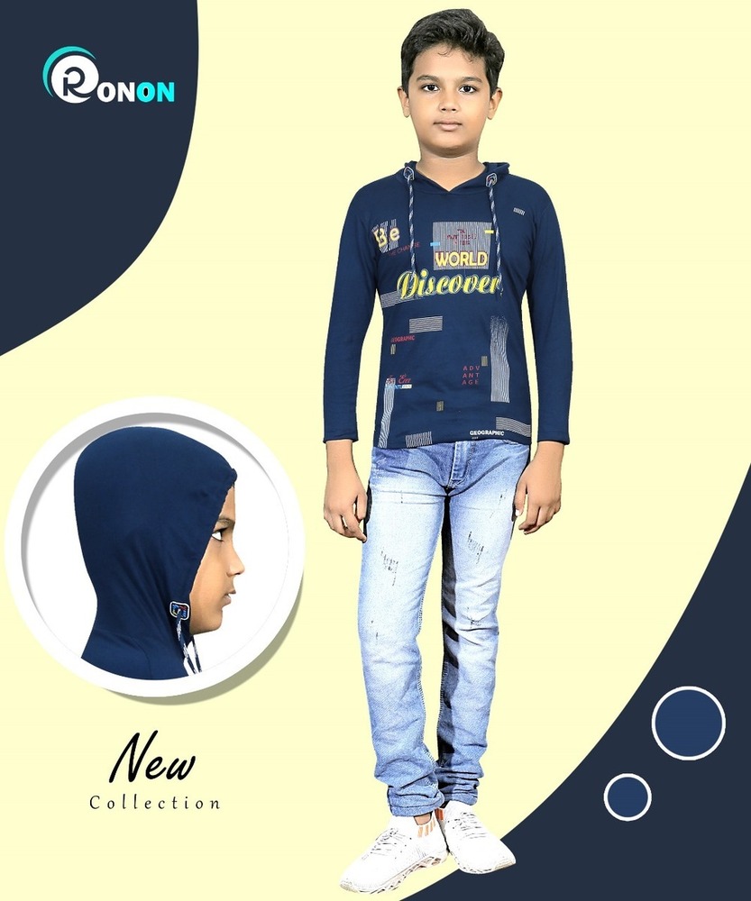 Navy Blue - Ron On Boys Hooded Full Sleeve Printed T-Shirt