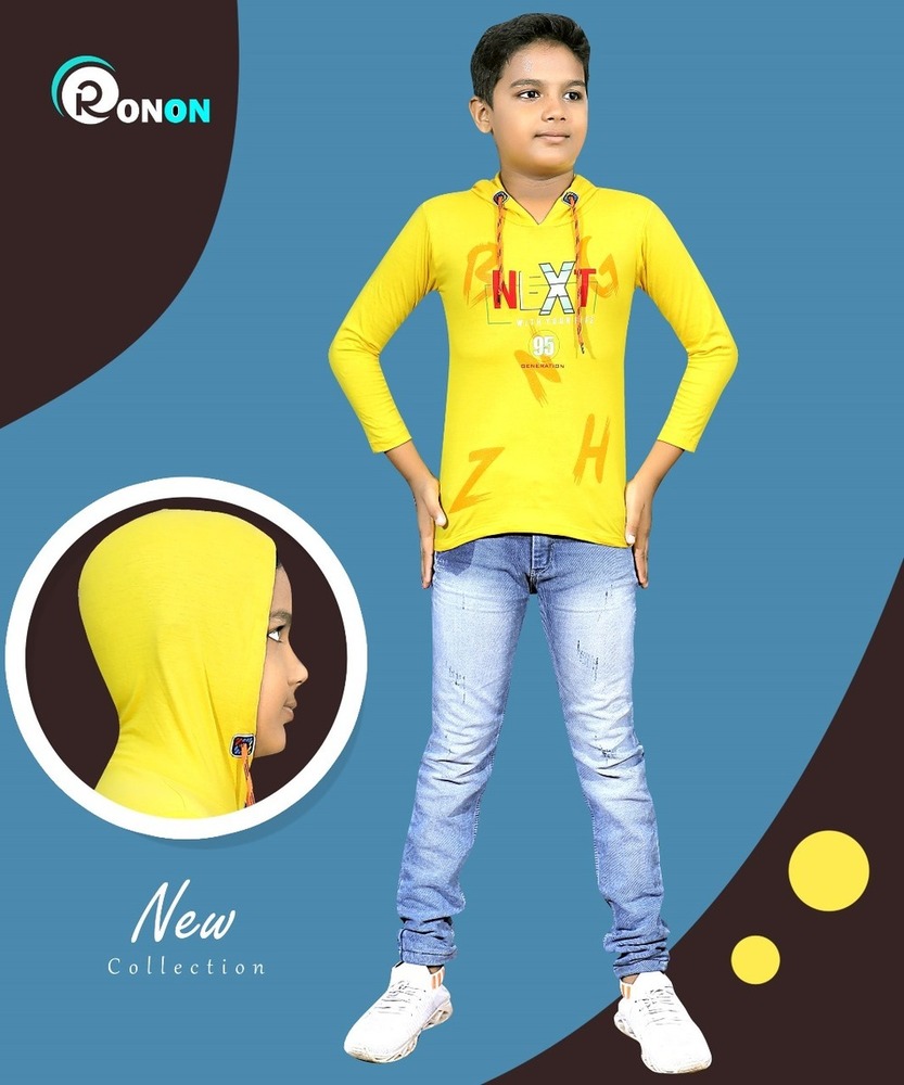 Yellow - Ron On Boys Hooded Full Sleeve Printed T-Shirt