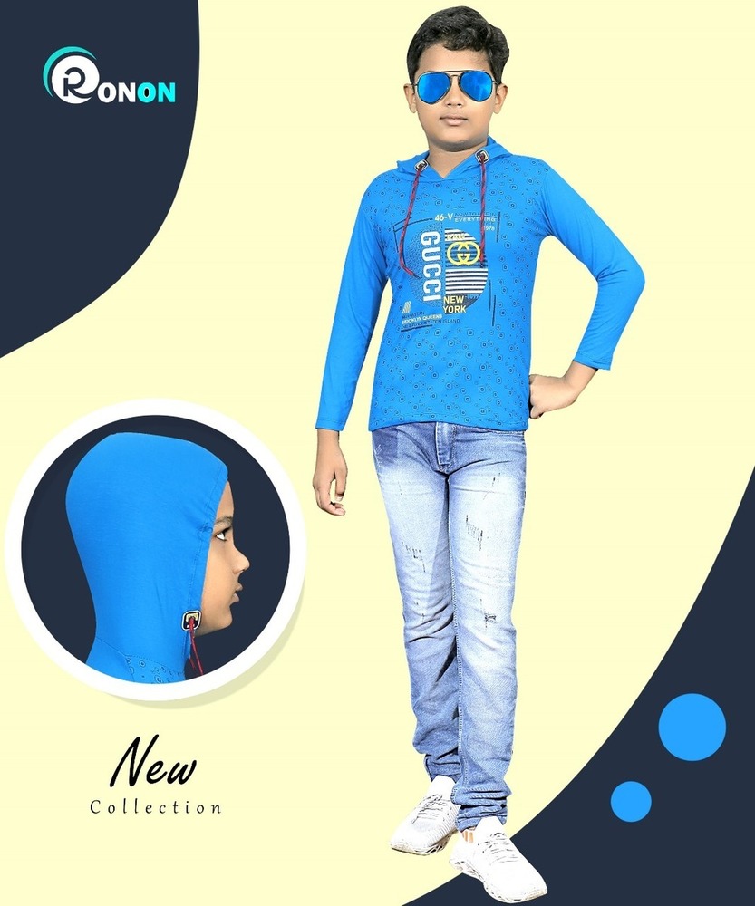 Sky Blue - Ron On Boys Hooded Full Sleeve Printed T-Shirt
