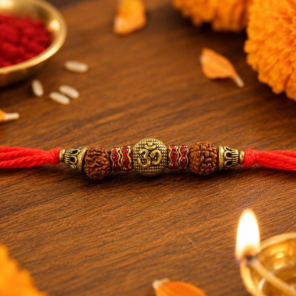 Premium Rudraksha Rakhi - Om Symbol Antique Bead Thread For Brother - Application: Multipurpose Use