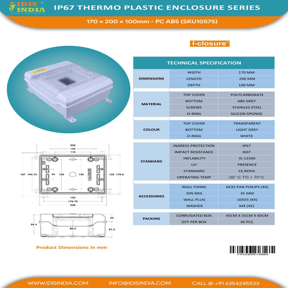PC ABS Enclosure 170 x 200 x 100mm IP65 6 WAY