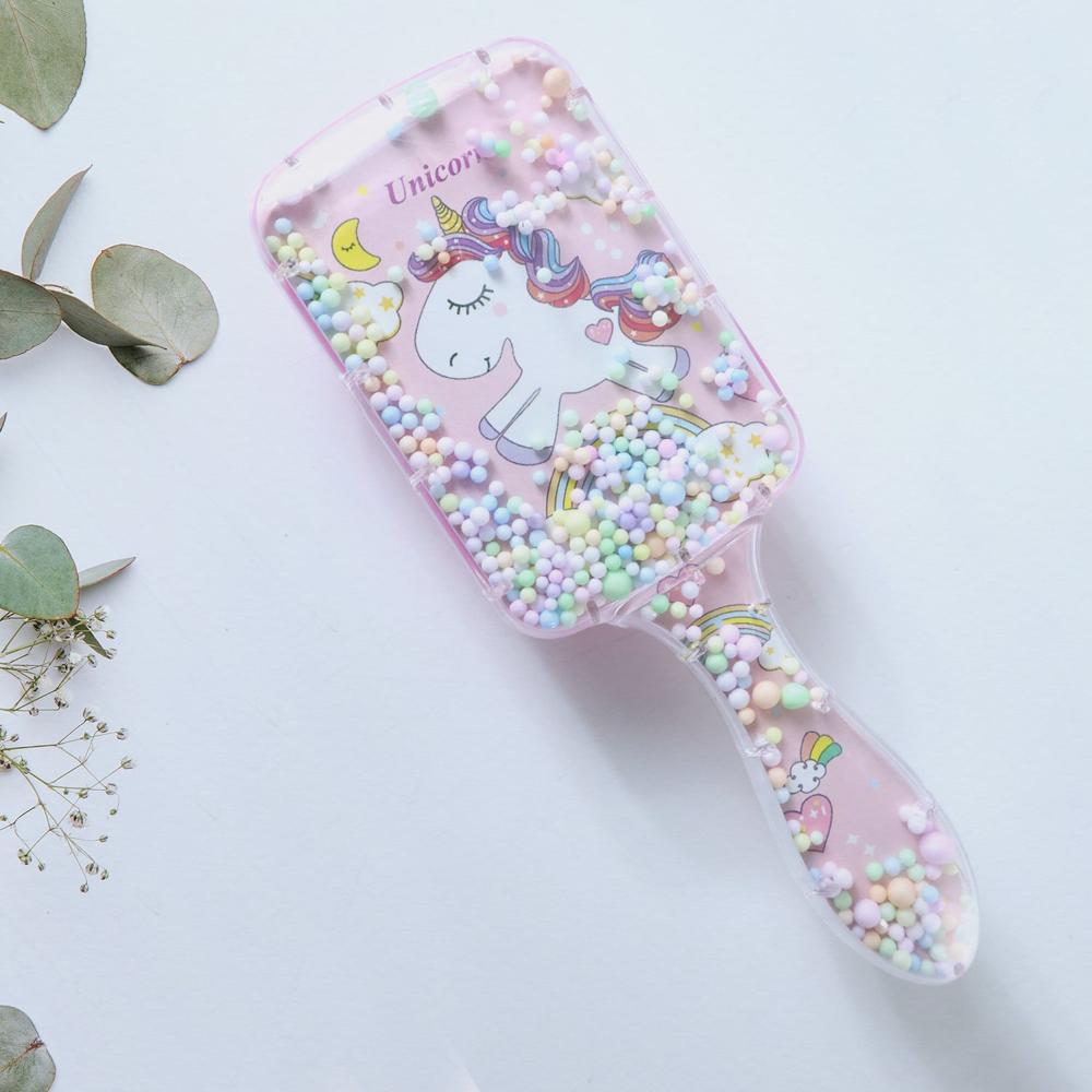 Cute Printed Kids Hairbrush / Comb (1 Pc) - Plastic, 18x6 Cm, Pink With Rainbow Hearts & Clouds Print, Soft Flexible Bristles, Ergonomic Non-slip Handle