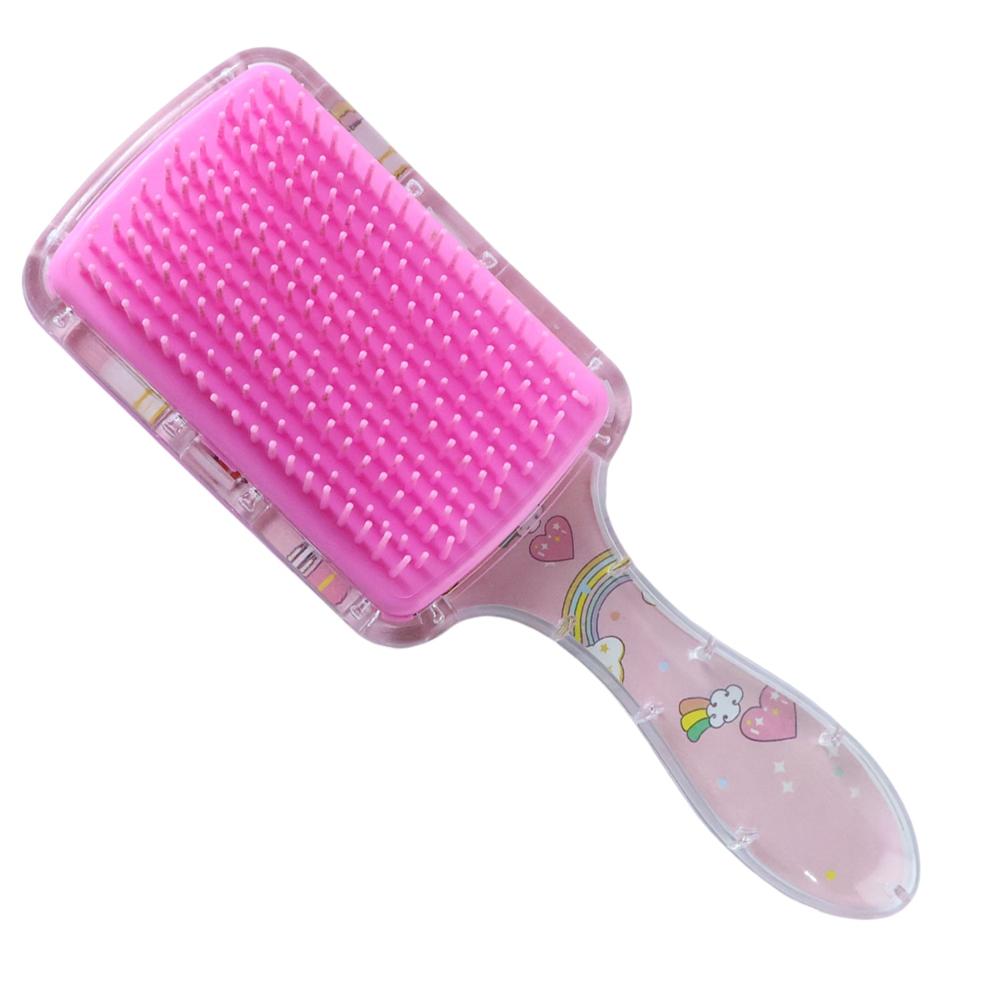 Cute Printed Kids Hairbrush / Comb (1 Pc) - Plastic, 18x6 Cm, Pink With Rainbow Hearts & Clouds Print, Soft Flexible Bristles, Ergonomic Non-slip Handle