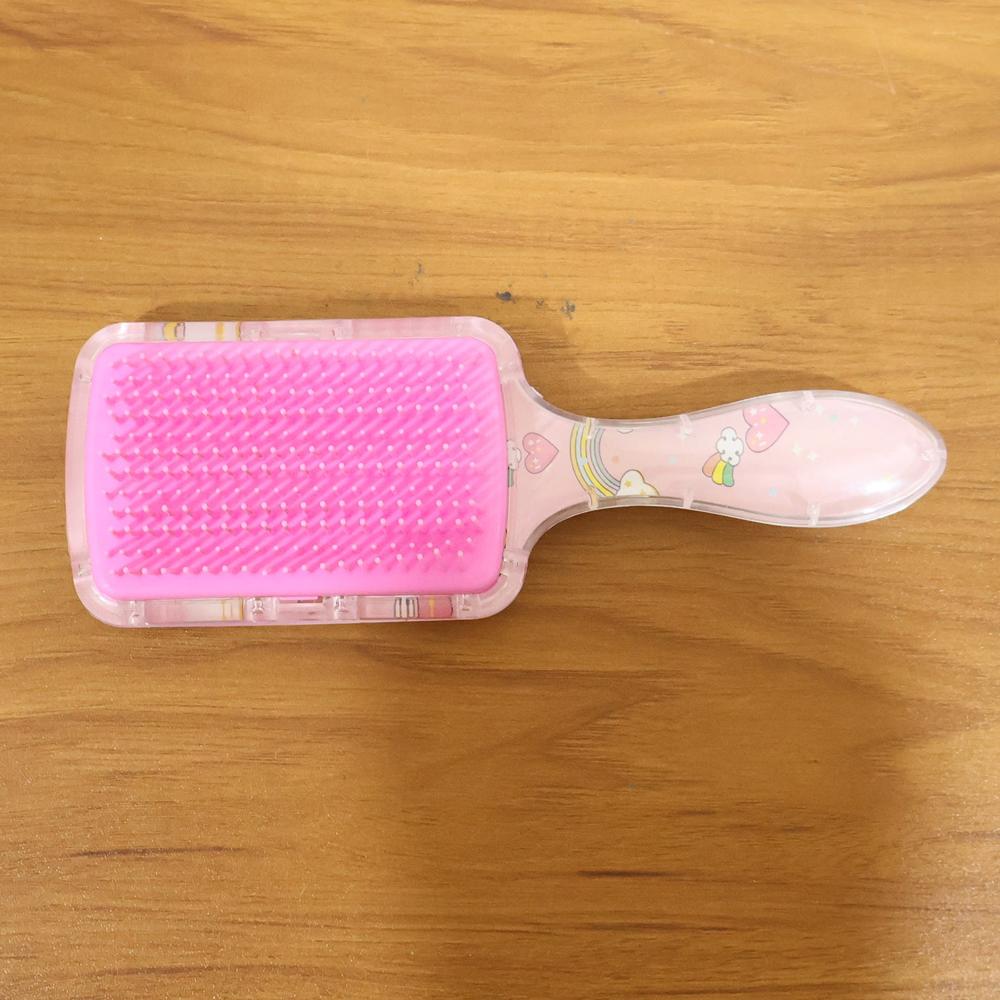 Cute Printed Kids Hairbrush / Comb (1 Pc) - Plastic, 18x6 Cm, Pink With Rainbow Hearts & Clouds Print, Soft Flexible Bristles, Ergonomic Non-slip Handle