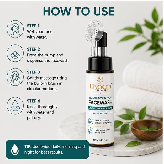 Elyndra 1% Salicylic Acid Face Wash with Built-In Soft Brush