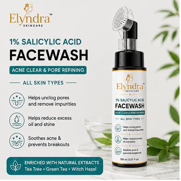 Elyndra 1% Salicylic Acid Face Wash with Built-In Soft Brush