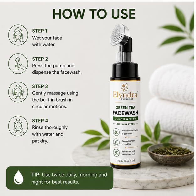Elyndra Green Tea Face Wash with Built-In Soft Brush
