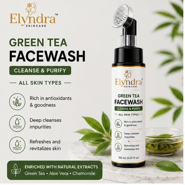 Elyndra Green Tea Face Wash with Built-In Soft Brush