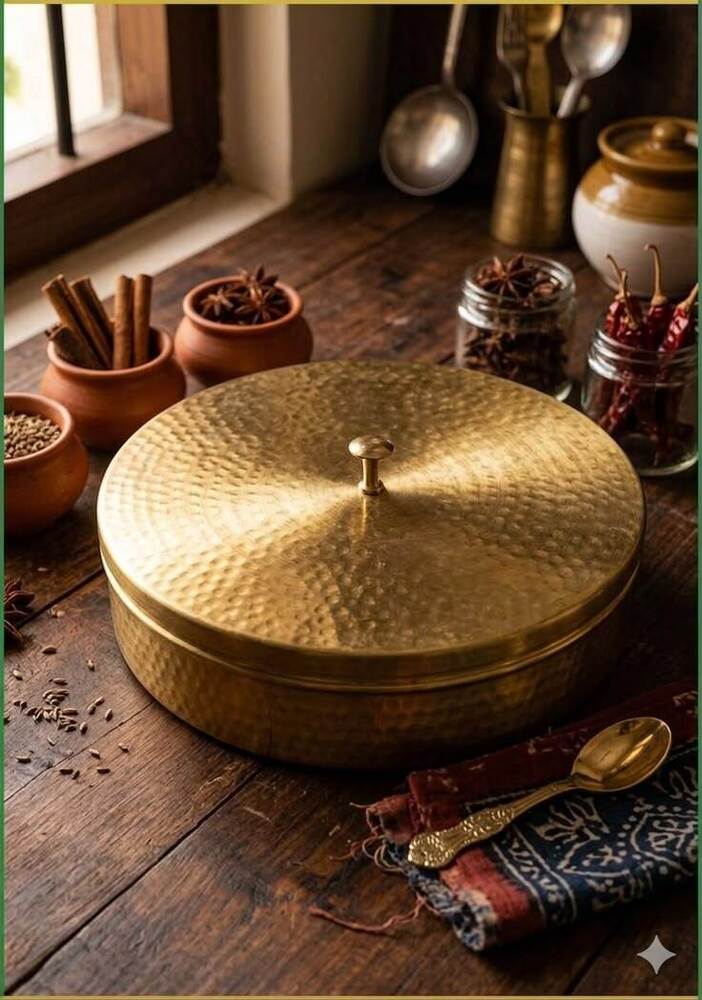 Brass Dabba Set - Handcrafted Medium Round Brass, Golden Yellow, Hammered Polished Finish, Fitted Lid, Stackable