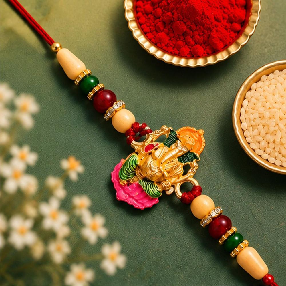 Ganesha Rakhi - Traditional Wooden Beads with Colorful Accents
