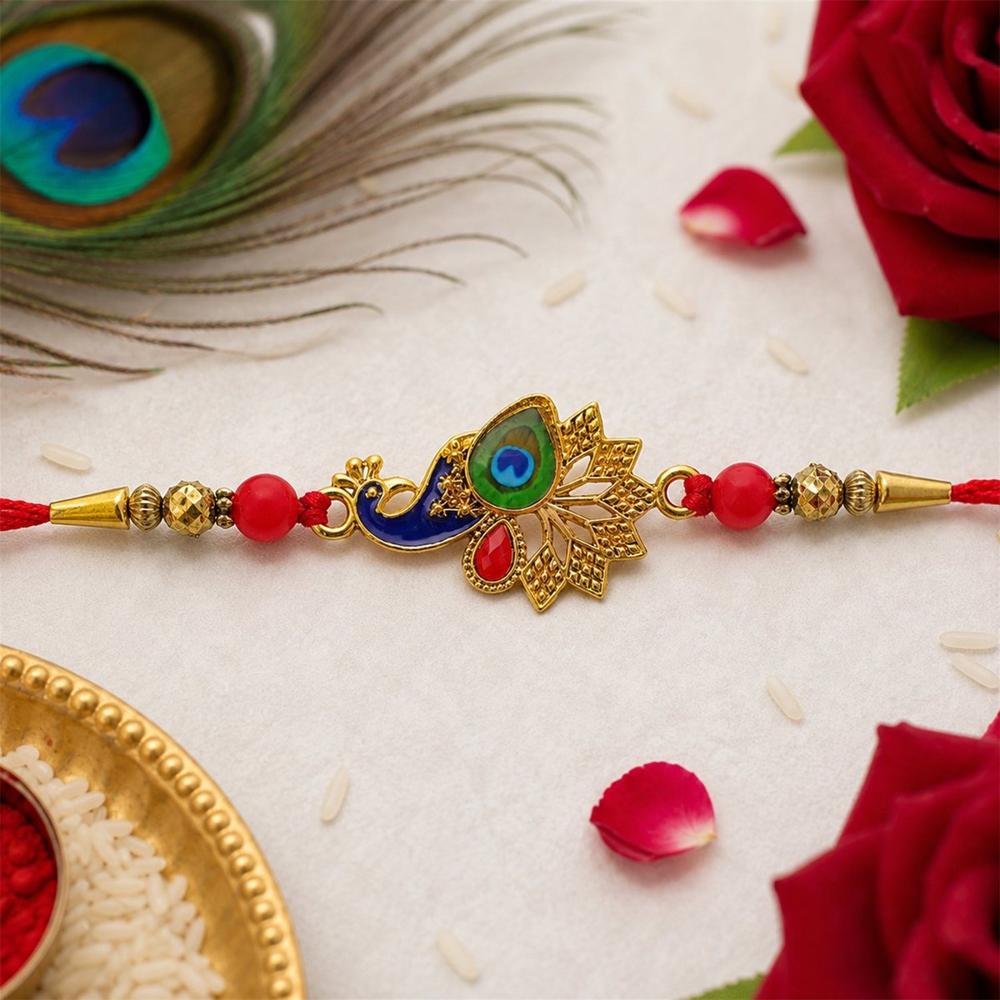 Peacock Rakhi, Vibrant Enamel & Beadwork Design