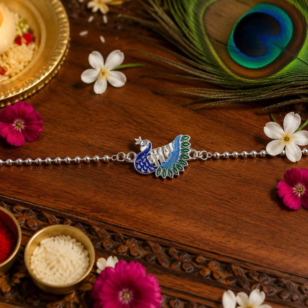 Rakshabandhan Silver Peacock Rakhi - Stylish & Traditional Design