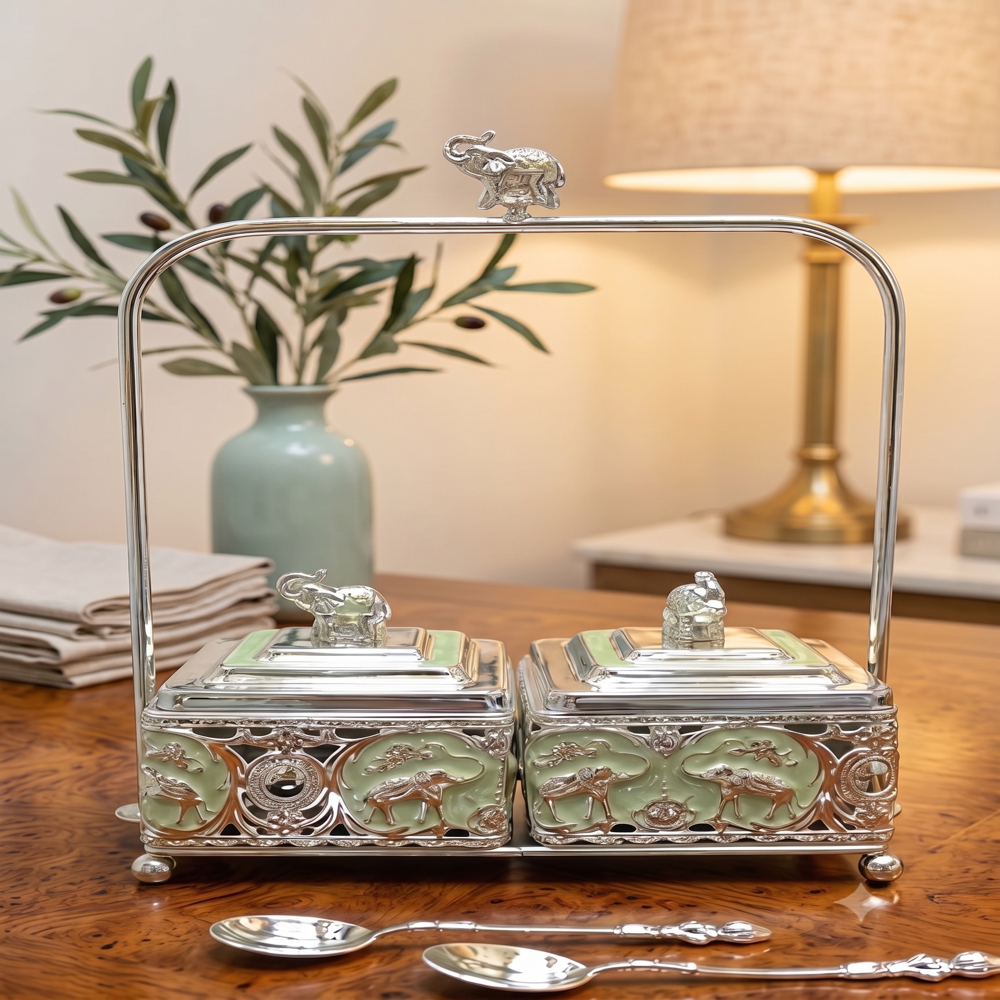 24 pcs ctn German Silver Dry Fruits Pot with Handless - German Silver Alloy, 22x12x26 cm, Silver with Green Accents, Elephant Motif