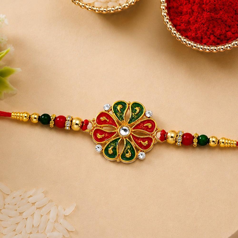 Flower Rakhi for Brother - Enamel & Golden Beads Design