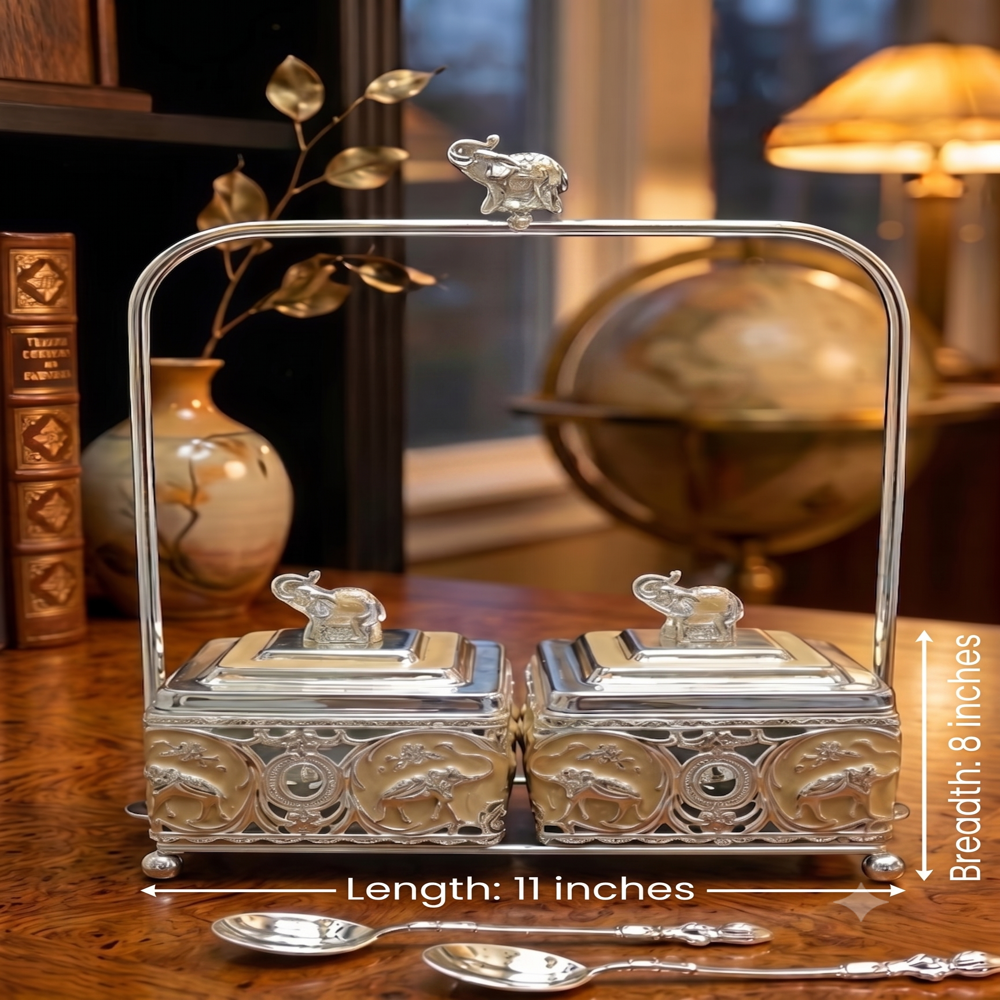 24 pcs ctn German Silver Plated Dry Fruits Pot with Handle - German Silver Alloy, 11x8x13 Inches, Silver Plated with Gold Accents, Elephant Motif Handle, Mirror Polish with Antique Accents