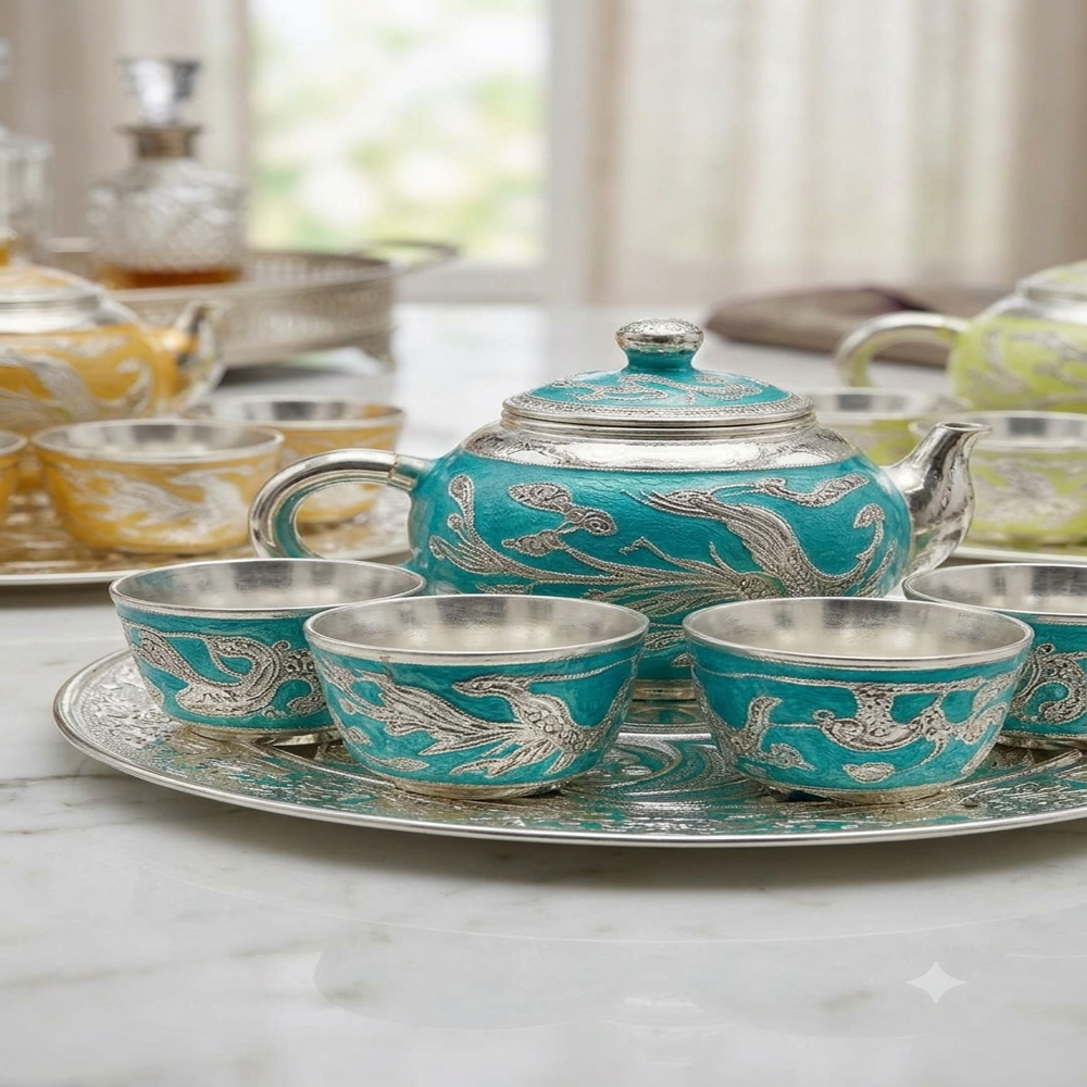 24 Pcs Ctn German Silver Tea Set With Cup Plate - German Silver Alloy, 24 Pieces, Turquoise Blue/silver Enamel, Hand-engraved Floral Patterns