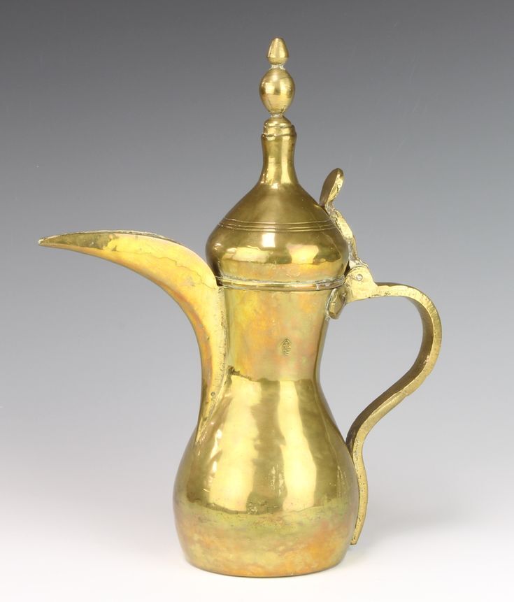 Brass Coffee Pot - Polished Brass, Medium 8-12 Inch, Golden | Handcrafted Etching, Curved Spout, Attached Conical Lid