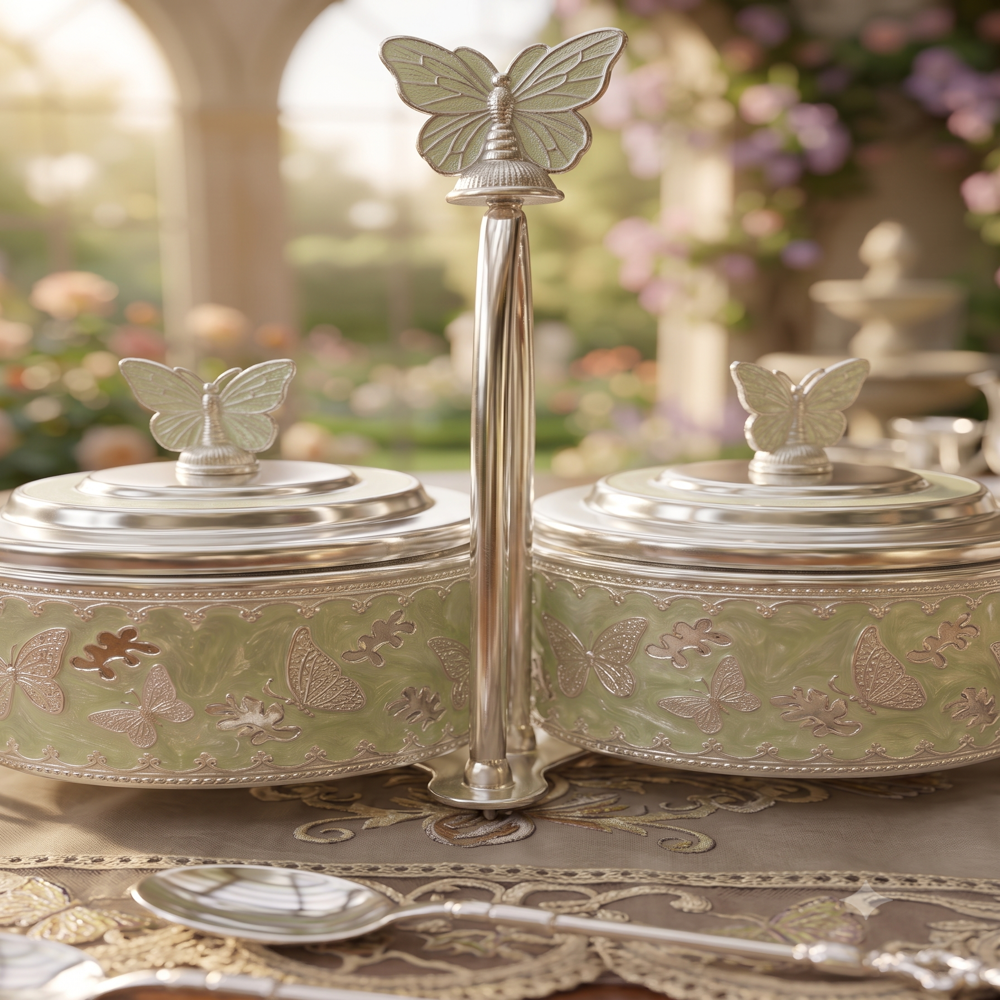 Premium Butterfly Dry Fruit Container - Metal Enamel 25x14x22 cm Pastel Green Silver | Dual Compartments Embossed Butterfly Handle