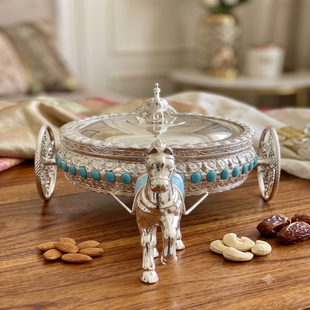 Premium Silver Dry Fruit Serving Cart - Silver-Plated Alloy, 28x15x15 cm, Turquoise Accents | Handcrafted Embossed Motifs, Peacock Finial, Decorative Silver Wheels