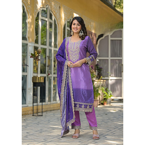 Chinon Digital Print with Cording Embroidery and Mirror Work Suit