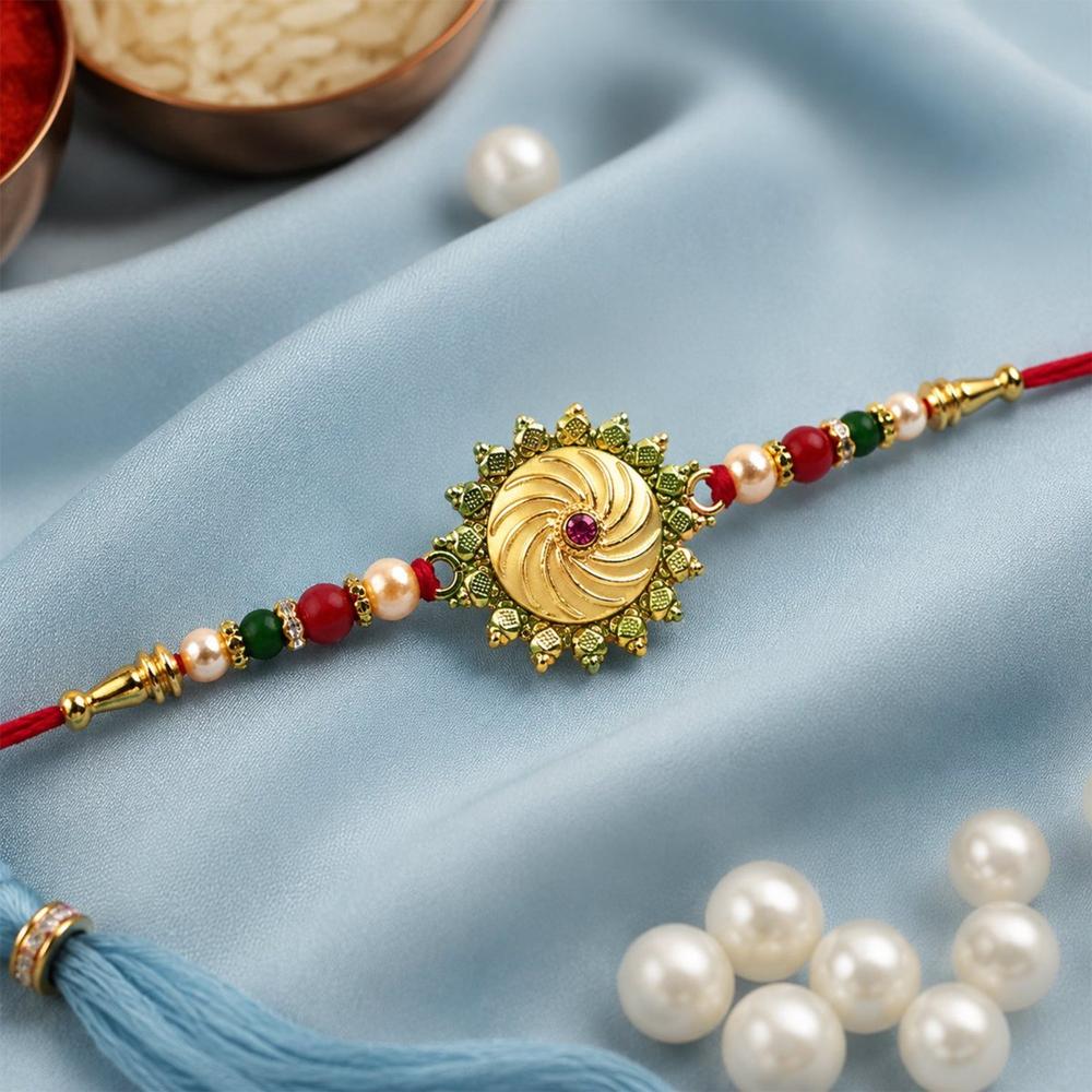 Round Shape Rakhi with Stone and Bead Work - Traditional Festive Design