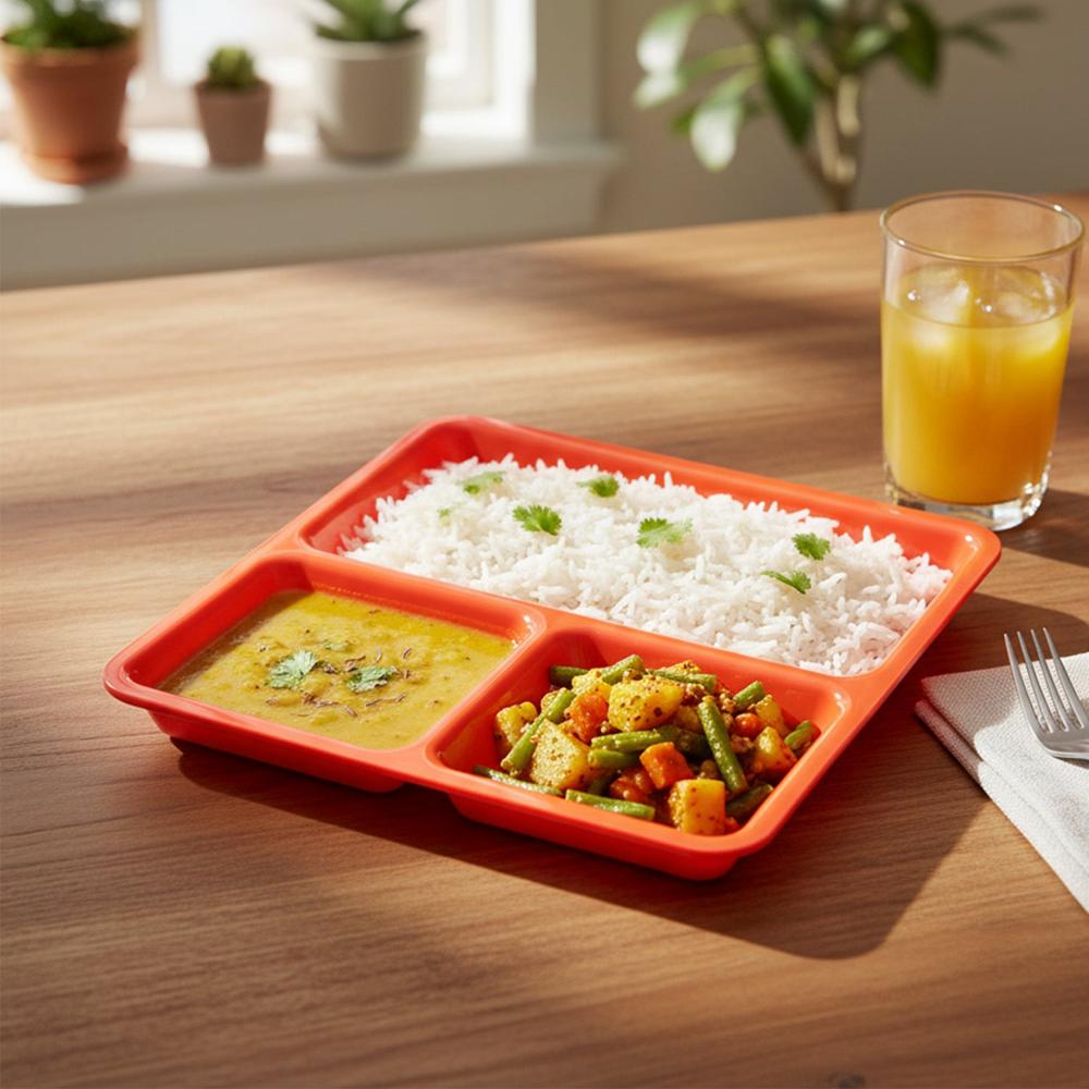 Plastic 3-compartment Rectangular Meal Serving Tray / Plates (1 Pc) - Application: As Per Product Requirement