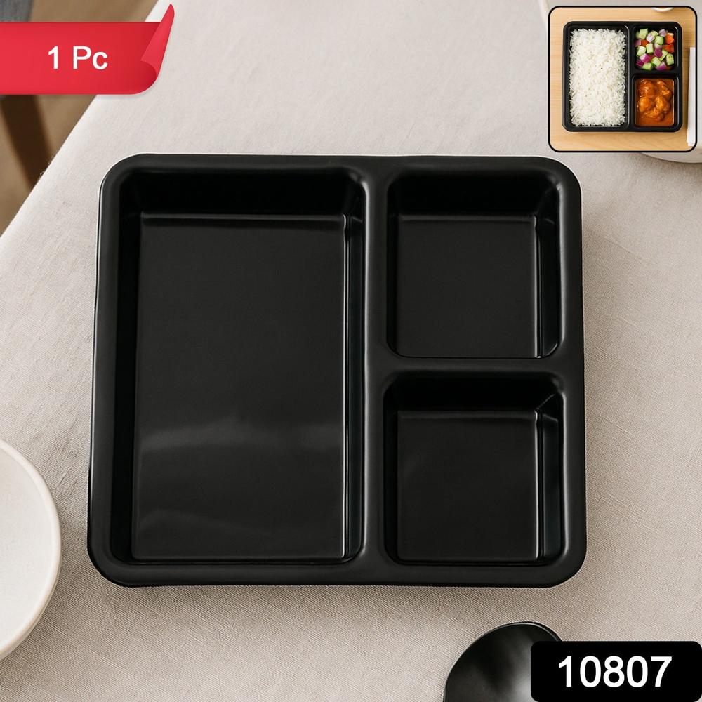 Plastic 3-Compartment Meal Serving Tray Rectangular Dining Plate (1 Pc / Black) - Application: As Per Product Requirement
