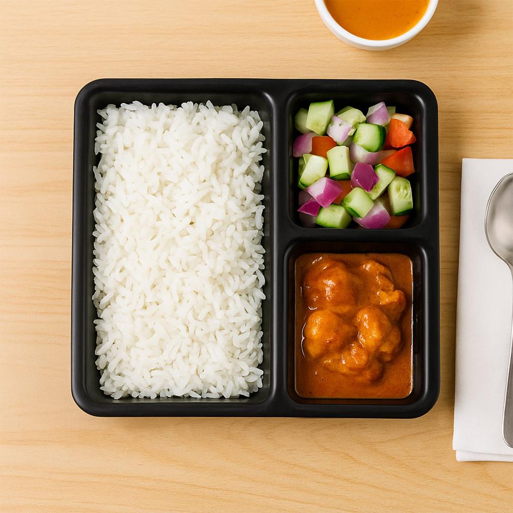 Plastic 3-Compartment Meal Serving Tray Rectangular Dining Plate (1 Pc / Black)