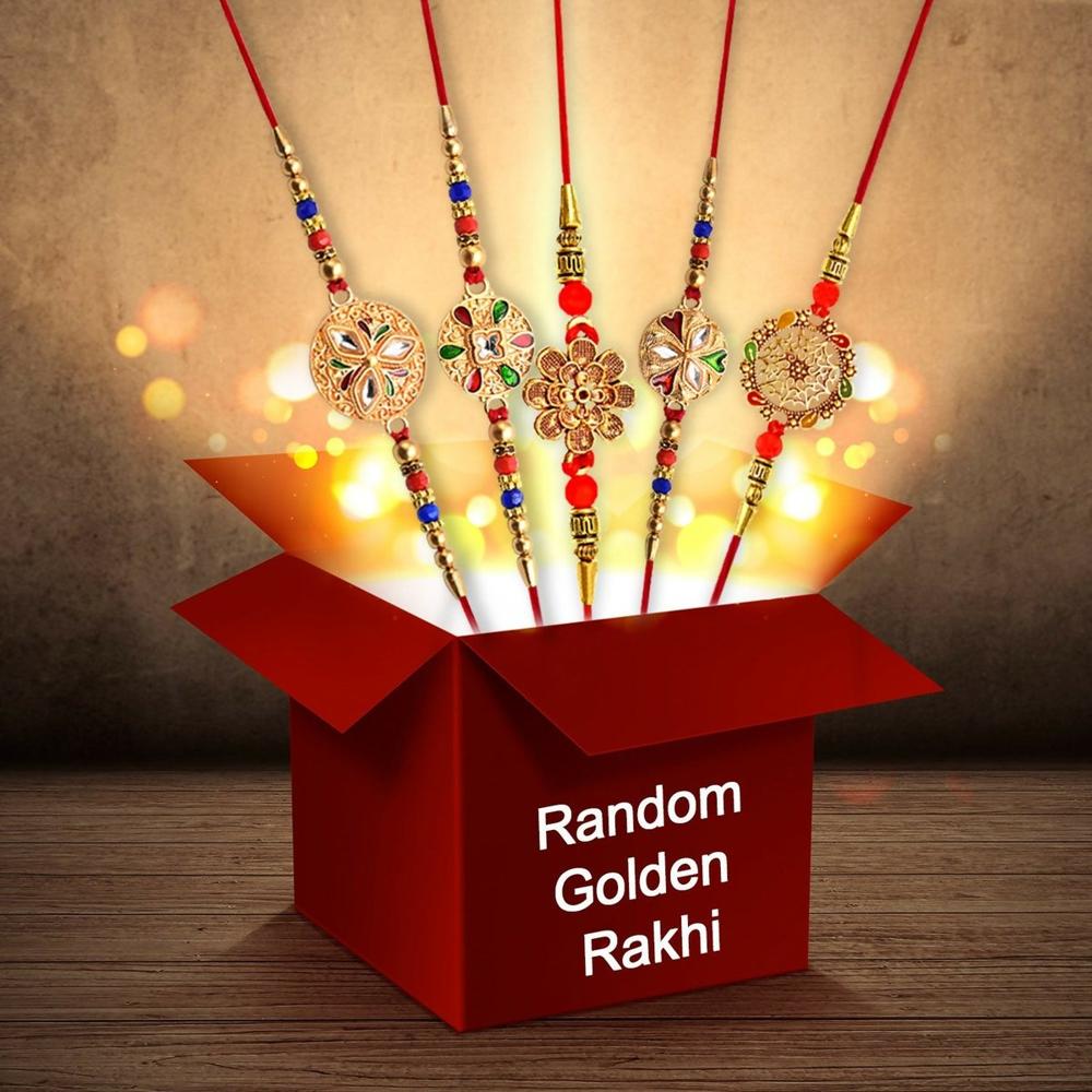 Golden Rakhi for Brother - Elegant Surprise with Random Design