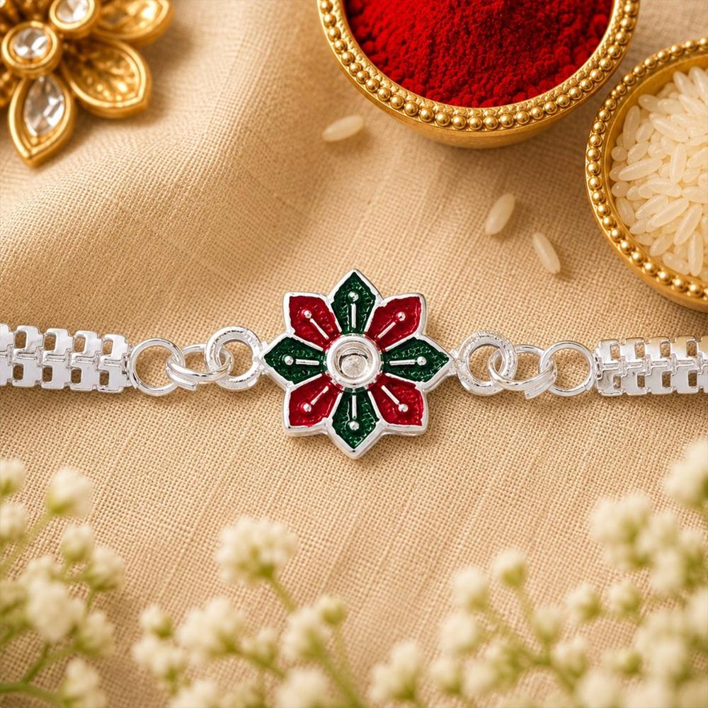 Silver Rakhi, Floral Enamel Design for Brothers