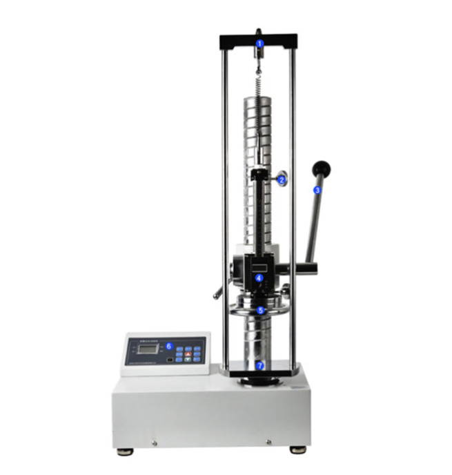 Spring Testers and Testing Machines ISO 10243 Standard - White/Silver 350x240x700 mm 0-2000 N Range Digital LCD Display Internal Memory RS-232/USB Interface Safety Stop
