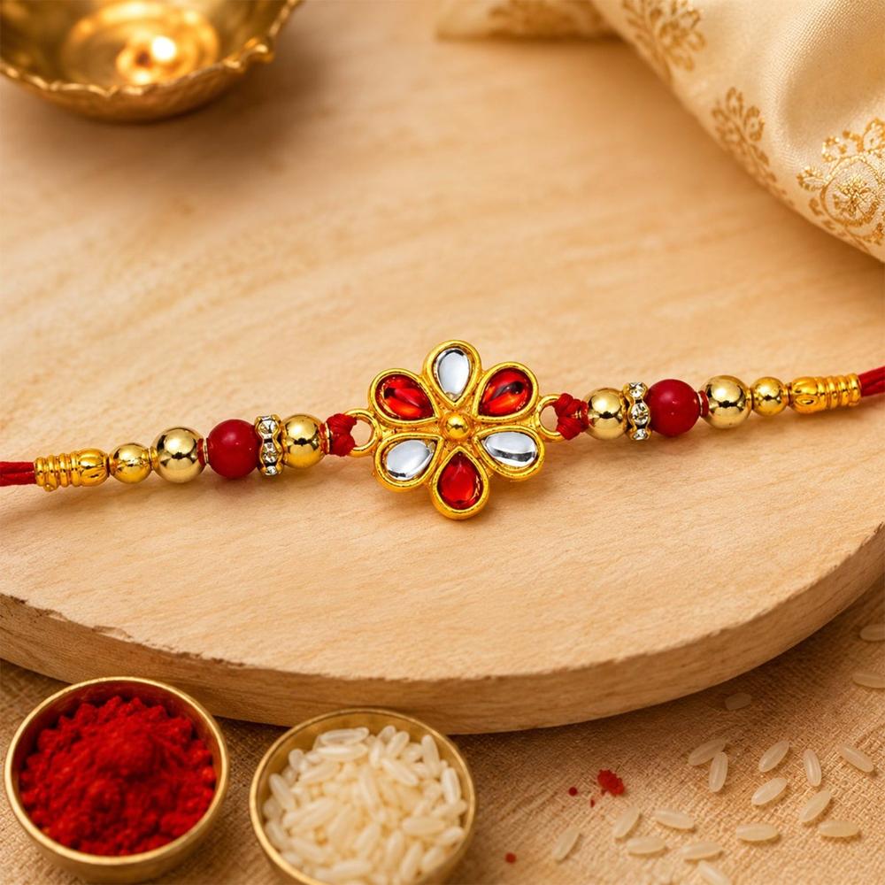 Red White Beaded Rakhi - Intricate Kundan Floral Centerpiece for Brother