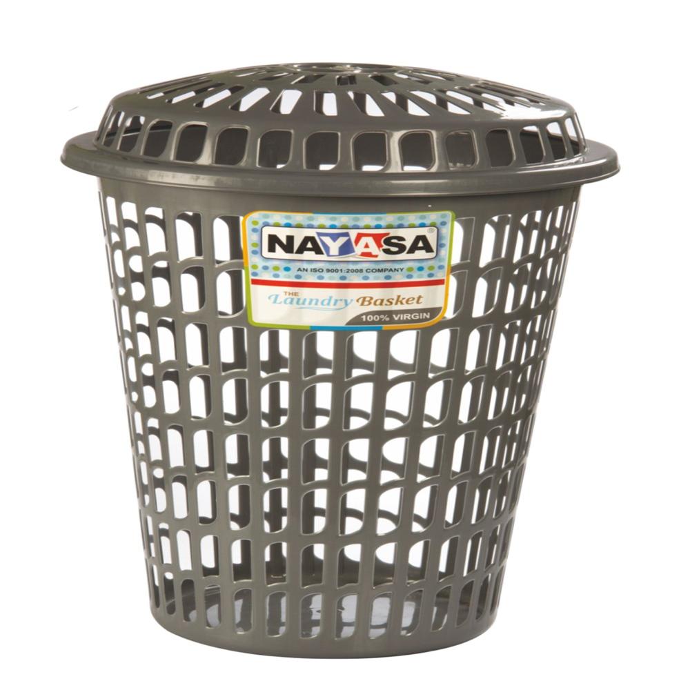 Nayasa Round Laundry Basket With Lid | Durable Plastic Clothes Storage Hamper | Ventilated Design For Freshness | Lightweight & Portable Laundry Organizer For Home Bathroom & Bedroom | Grey - Capacity: 62.5 Ltr