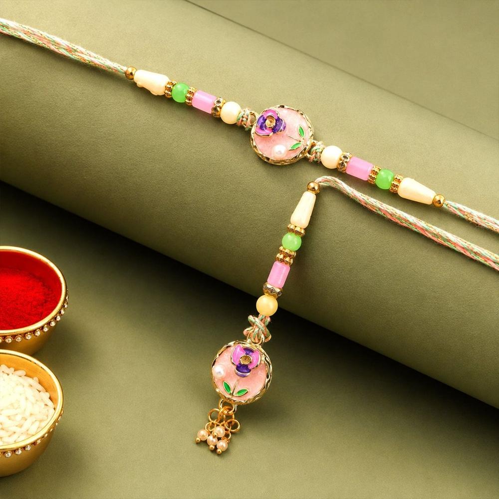 Bhaiya Bhabhi Rakhi - Elegant Enamel Floral Pearl Design for Rakshabandhan