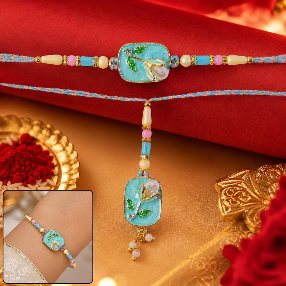 Teal Stone Pearl Rakhi - Elegant Festival Gift For Bhaiya Bhabhi - Application: Multipurpose Use