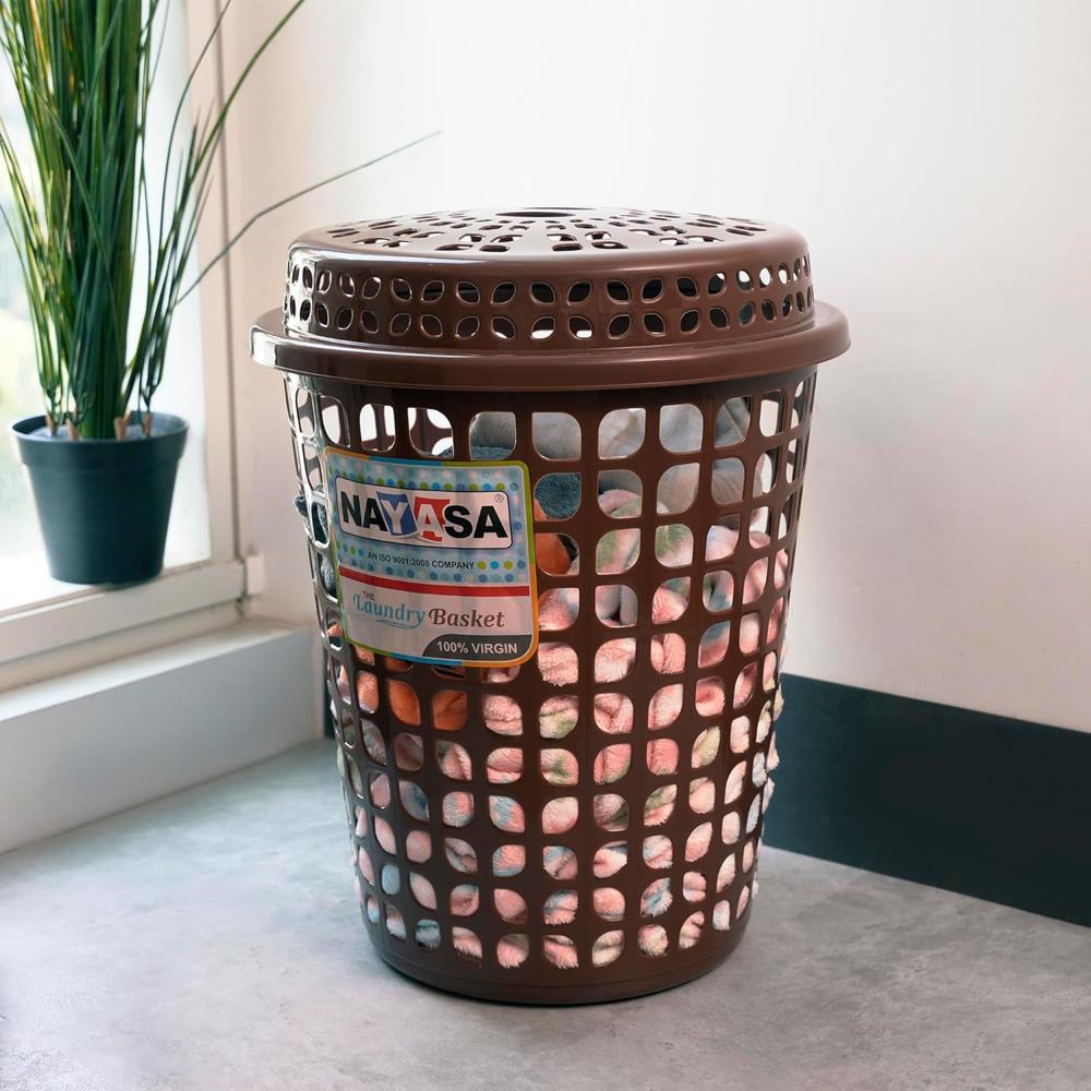 Nayasa Plastic Laundry Basket With Lid - 44 Ltrs | Ventilated Clothes Hamper With Easy-grip Handles | Clothes & Toy Storage Organizer |(round Petal) Brown